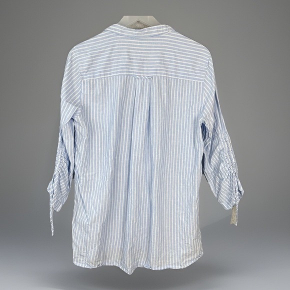 John Mark Linen Top Ruched Sleeve Button Down Tunic M Blue White Striped Coastal - Picture 2 of 9